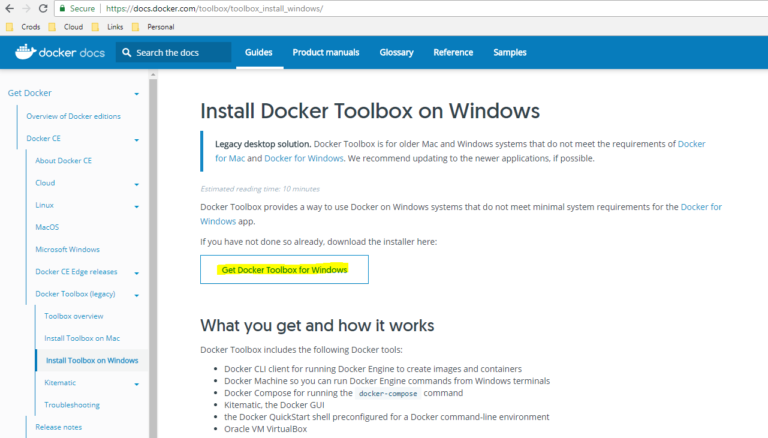 docker toolbox windows 10 bash